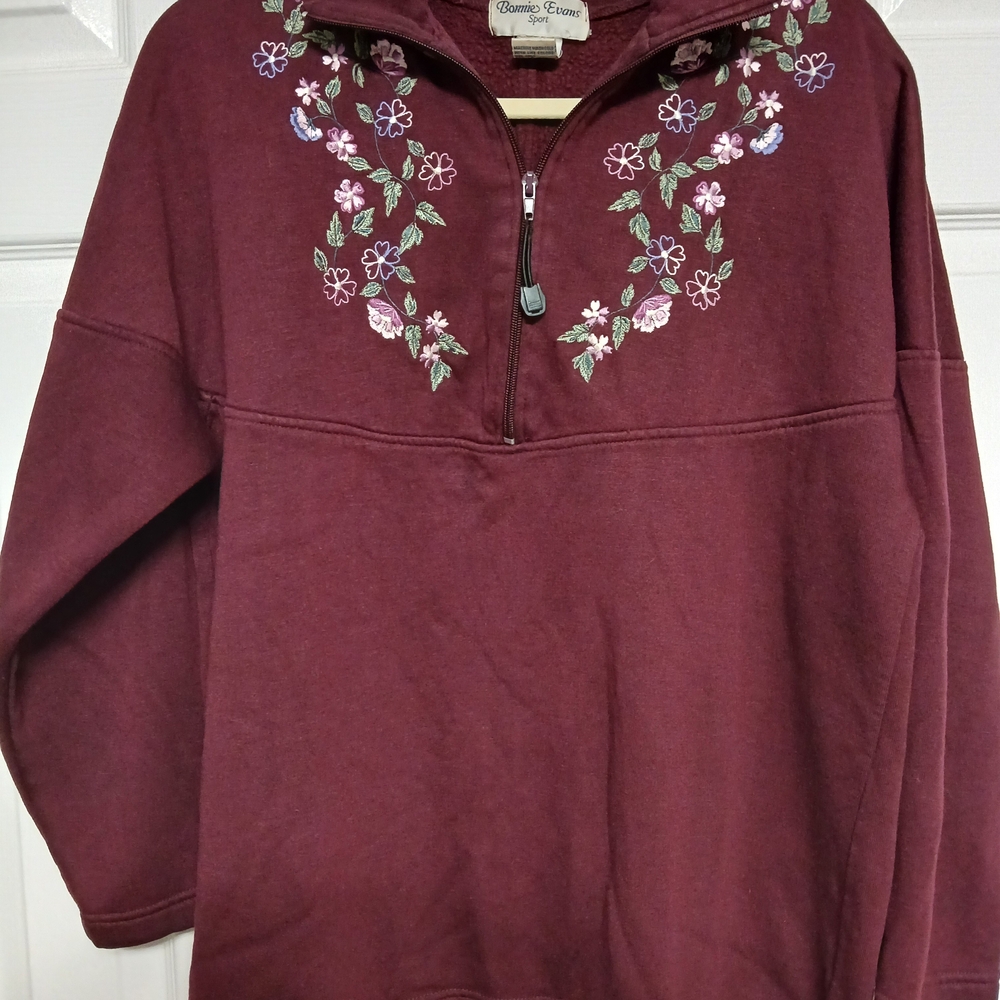 Bonnie Evans Women's Maroon Half-Zip Pullover Sweater with Floral Embroidery